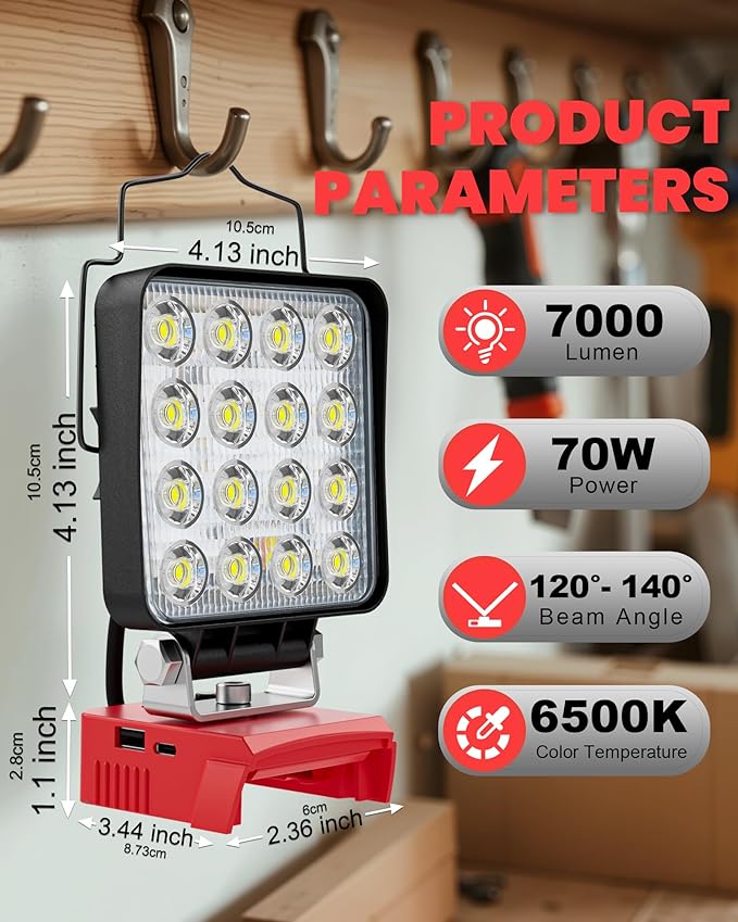 LIVOWALNY LED Work Light Compatible with Milwaukee 18V Battery, 2PCS 70W Portable Flood Light with USB Type-C Charger Port, Cordless Tools Flashlight for Construction Car Repairing Emergency, 7000 LM