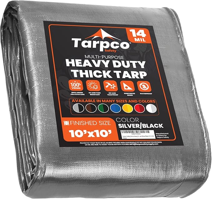 Tarpco Safety Extra Heavy Duty 14 Mil Tarp Cover, Waterproof, UV Resistant, Rip and Tear Proof, Poly Tarpaulin with Reinforced Edges for Roof, Camping, Patio, Pool, Boat (Silver/Black 10′ X 10′)