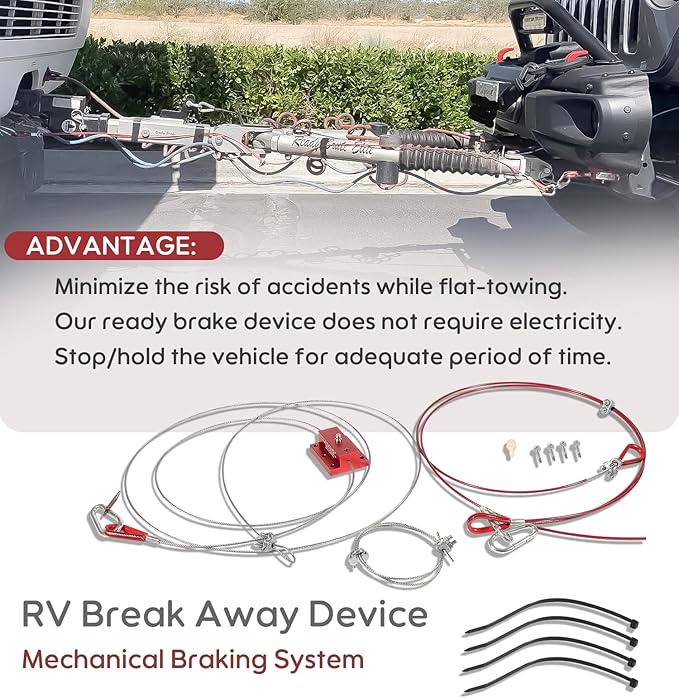 Camoo RV Brake Systems for Flat Towing, Emergency Break Away Device and Ready Stop Device,w/Break Pedal Connected Cables Kit Work Between Flat-Towing Cars and RV Tow Bars