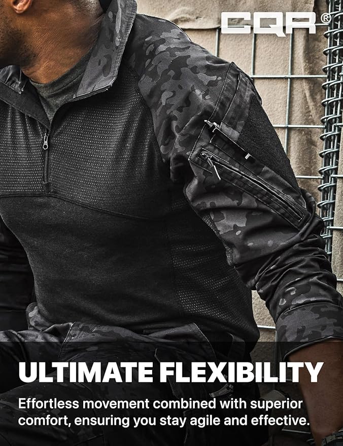 CQR Men's Combat Shirt Tactical 1/4 Zip Long Sleeve Military BDU Shirts Camo EDC Top with Pockets