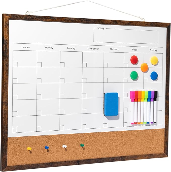 Dry Erase Calendar Whiteboard, 24" x 18" Magnetic Whiteboard Cork Board Combo, Reusable Monthly Planner with 8 Markers, Eraser, Magnets and Pushpins, Hanging Dry Erase Board for Home, School - Brown