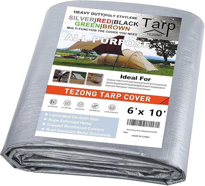 Tarp Heavy Duty Waterproof 6x10ft,TEZONG Silver Poly Tarp 12Mil Plastic Outdoor Tarpaulin Cover Multipurpose for Rain,Sun,Patio Furniture,Pool,Roof,Wood,Camping,Car