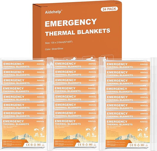 24 Pack Emergency Blankets (83" x 52") - Mylar Thermal Space Blankets for Survival and Protection - Ideal for Camping, Outdoors, Hiking, Rescue, Marathons