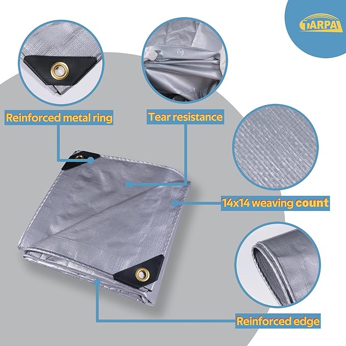 TARPAL 9x12 tarp,Heavy Duty Tarp 14mil Silver Reflective Tarps Waterproof with Grommets and Reinforced Edges UV Protection,Tear Resistant for Firewood,RV,Boat,Roof,Car,Camping