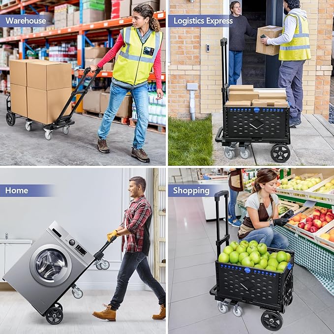 KEDSUM 4-in-1 Convertible Hand Truck Dolly with Folding Crate, 600LBS Heavy Duty Dolly Cart with Wheels, Adjustable Handle & Caster Wheels, Shopping Cart for Groceries, Packages, Collapsible
