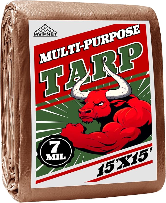 Tarp 15x15 ft 100% Waterproof 7mil Durable Grommets and Reinforced Edges,Uv Resistant,Green/Brown Tarp,Emergency Rain Shelter,Outdoor Cover and Camping Use -by MVPNET