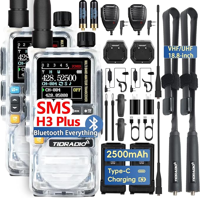TIDRADIO TD-H3 Plus Ham Radio Handheld,Bluetooth-headphone-connectable,Wireless Programming, Multi-band Walkie Talkies Long Range NOAA Emergency Weather Radios for Survival Gear Hunting Crystal 2 Pack