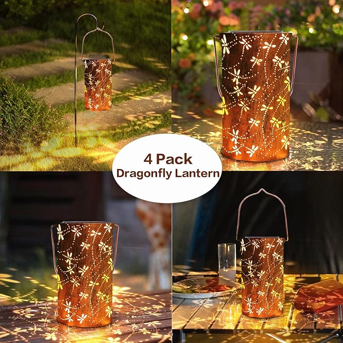 YISITEONE 4-Pack Dragonfly Outdoor Solar Lanterns, Garden Waterproof Metal Hanging Decor Lights for Patio Yard Pathway Lawn Front Porch, Birthday Gardening Gifts for Women Mom Grandma