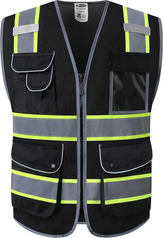 JKSafety 9 Pockets Hi-Vis Black Color Zipper Front MESH Safety Vest with Fluorescent Yellow Extend Edge outlining the Reflective Tapes Meet ANSI/ISEA Class 1 Standard (100-Black, 5XL)
