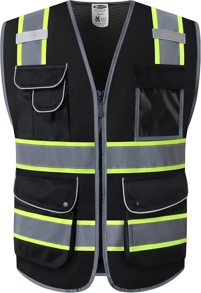 JKSafety 9 Pockets Hi-Vis Black Safety Vest for Men Women High Visibility Reflective Construction Mesh Fabric Cushioned Collar Work Utility PPE Work Gear ANSI/ISEA compliant (100-Black, 3XL)