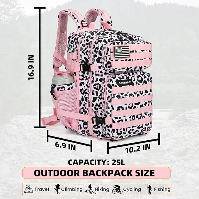 25L Tactical Backpack for Men and Women Military Backpack Small Assault Pack Molle Backpack Bug Out Bag Travel Rucksack Daypack (Pink Leopard)