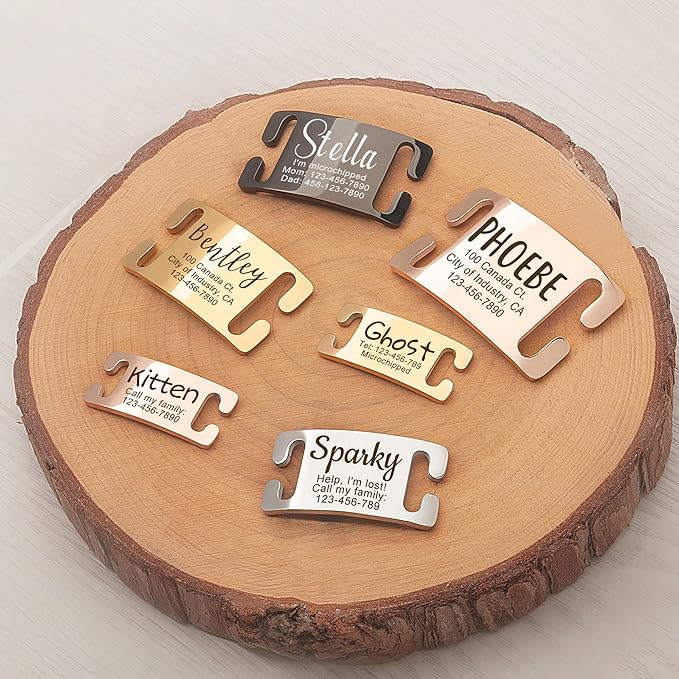 Anavia Slide On Silent Pet ID Tags, S/M/L/XL Personalized Gold Black Stainless Steel Customized Engraved Cat Dog Name Tags, Glossy Finish Chew-Proof Quiet Dog Collar Tag (Medium, Rose Gold)