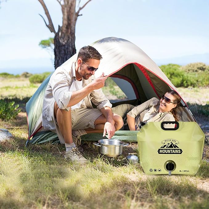 Collapsible 8L Water Storage Bag, BPA-Free Portable Folding Water Jug with Adjustable Faucet, Leakproof Emergency Water Bag for Camping, Hiking, Riding, Outdoor Sport (Beige & Green, 4)