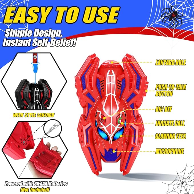 Vvinca Cool Walkie Talkies for Kids- Spider Toys for 3 4 5 6 7 8 9 10 Boys Kids Walkie Talkies 2 Pack Superhero Toys Outdoor Game Camping Travel Christmas Stocking Birthday Gifts