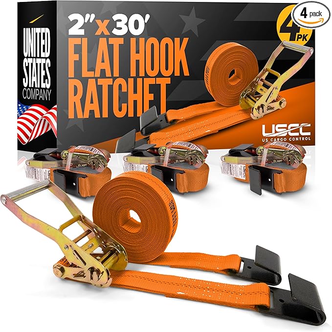 US Cargo Control Flat Hook Ratchet Straps 2 Inch X 30 Foot (4-Pack), 10,000 LBS Break Strength, Orange Heavy Duty Ratchet Straps with Black Flat Hooks, Tie Downs for Flatbed Trailer