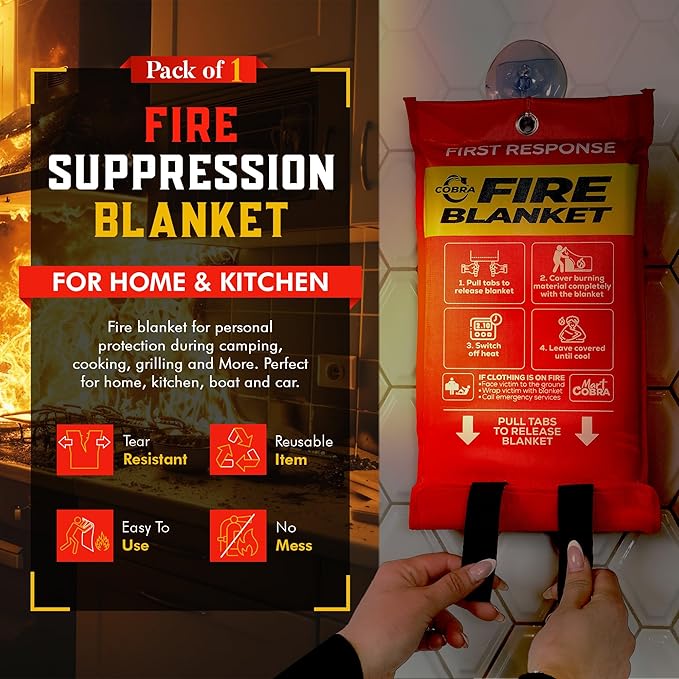 Mart Cobra Emergency Fire Blanket for Home and Kitchen - 1 Pack - Fire Blankets Emergency for Home Safety 40” x 40” - Suppression Shield Retardant Extinguisher Fiberglass Welding Fireproof Cloth Towel