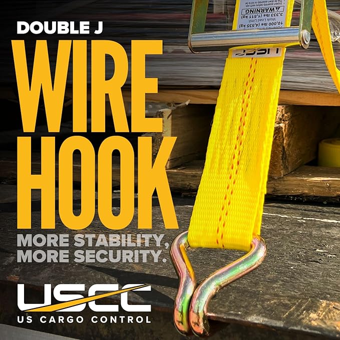US Cargo Control Wire Hook Ratchet Straps 2 Inch x 12 Foot (4-Pack), 10,000 LBS Break Strength, Ratchet Straps Heavy Duty with Double J Hooks, Cargo Tie Downs for Flatbed Trailers and Trucks