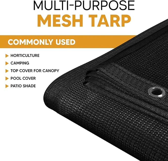 UV Resistant Black Mesh Tarps 14' x 20' - Rip & Tear Proof Resistant Polyethylene Mesh for Plant Garden, Greenhouse House Patio, Car, Truck, Boat or RV, 70% Sunblock Shade