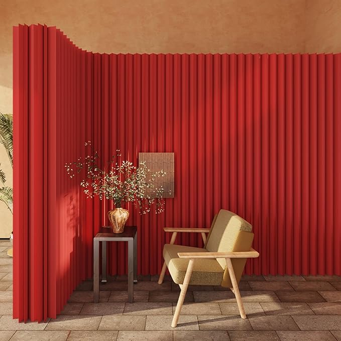 Paper Room Divider, Folding Privacy Screen Lightweight Stretchable Accordion Room Divider Wall, Portable Paper Wall Divide for Home, Office, Clothing Shop (Red, L：118in x W: 17in x H：95in)