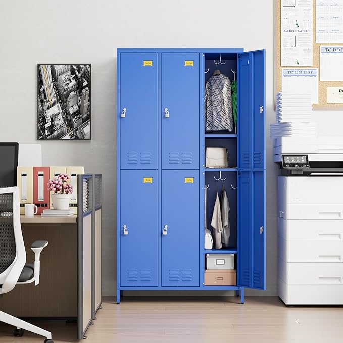 Metal Lockers for Employees with 6 Doors and 18 Hooks, 72”H Storage Locker with Card Slot for Office Gym School Bedroom, Blue, Assembly Required