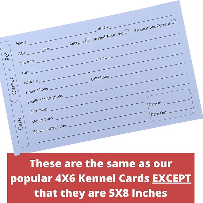 5X8 Inch Kennel Cards (100 Pack) Cat and Dog Boarding Supplies, Kennel Card and Pet Profile Record Card for Veterinarian, Shelter, Grooming