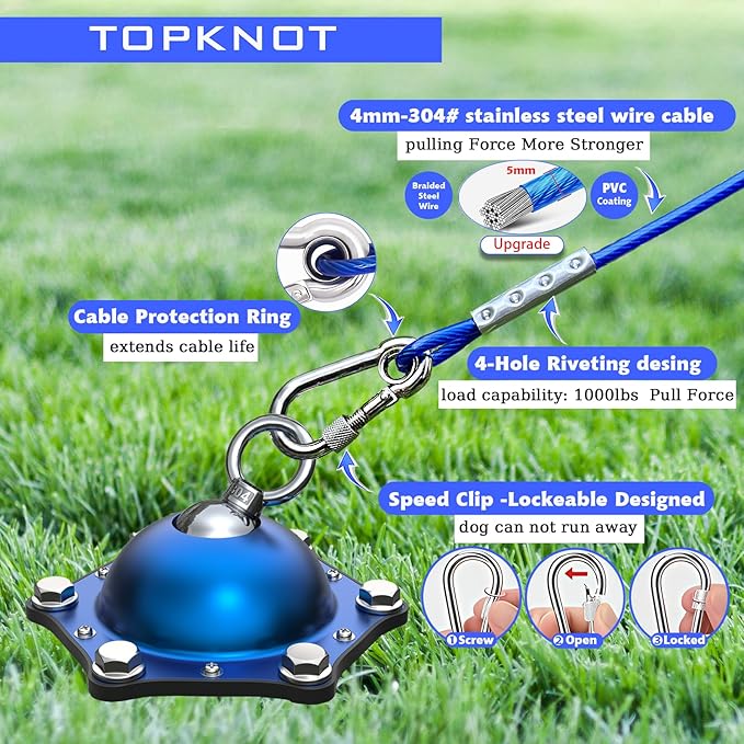 TOPKNOT Dog Tie Out Cable and Stake,(up to 200lbs) 360°Swivel Dog Run- No Tangle,with 30FT Heavy Duty Tie Out Cable for Dogs,Runner for Yard,Ideal for Outdoor Camping