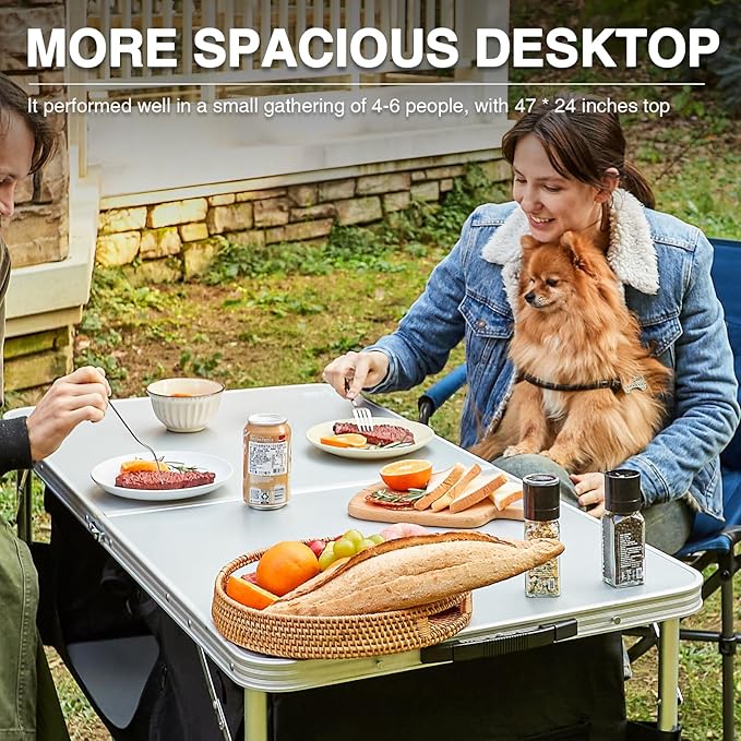 EVER ADVANCED Folding Camping Table with Storage, 4 ft * 2 ft Aluminum Composite Desktop & Adjustable Legs, Outdoor Kitchen Table for Tailgating, Backyard, BBQ and Picnic