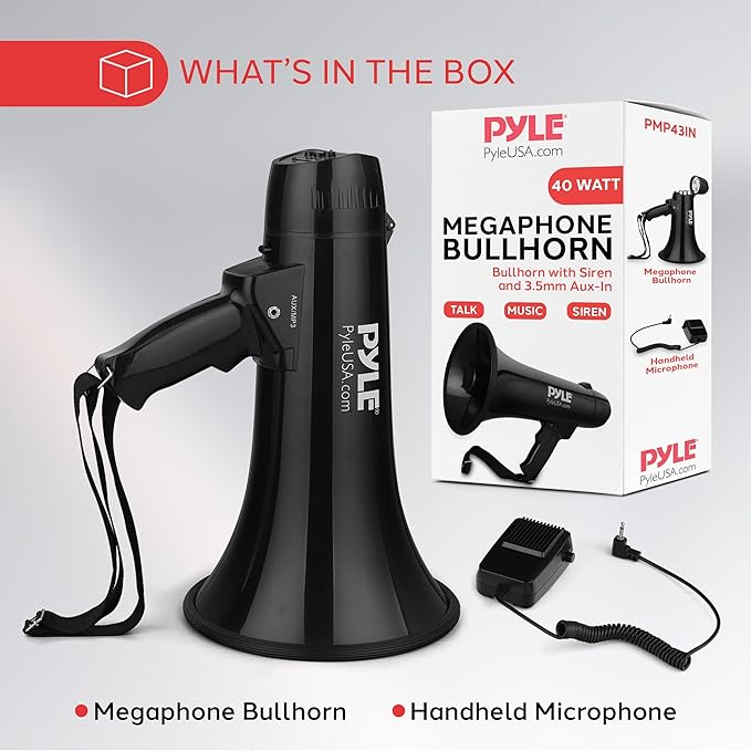 Pyle Megaphone Speaker PA Bullhorn Built-in Siren - Adjustable Volume Control & 1200Yard Range - for Football, Soccer, Baseball, Hockey & Basketball Cheerleading Fans & Coaches or for Safety Drills