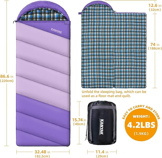 Cotton Flannel Lined Sleeping Bag for Adults Teens Kids, Cold Weather & Warm, 3 Seasons, Lightweight Compact Camping Essentials Equipment, Hiking, Outdoor, Travel