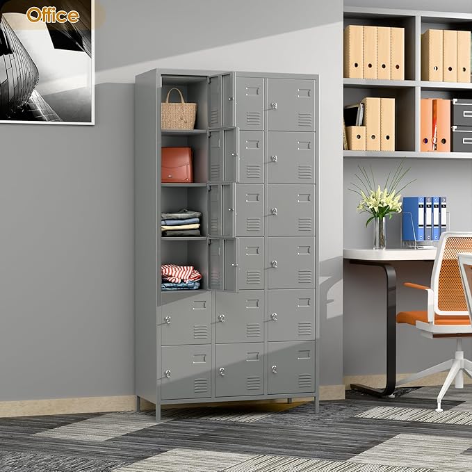 Metal Lockers for Employees, Steel Storage Locker with 18 Doors for School Office Gym Bedroom,Assembly Required, Light Grey,18 Doors