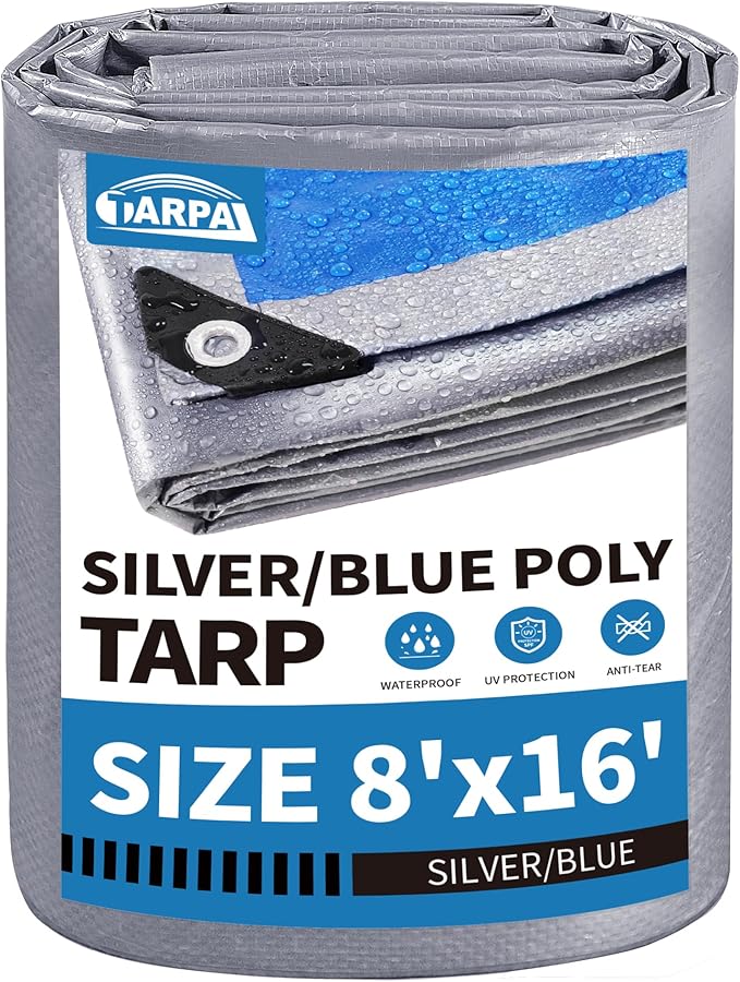 TARPAL Tarp 8x16 Feet Waterproof Small tarps 7.5mil Multipurpose Protective for Outdoors,UV Protection,Rip and Tear Proof,Poly Tarpaulin(Silver/Blue)