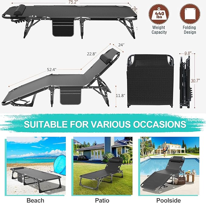 ABORON Patio Lounge Chair, Folding Guest Bed Cot for Adults, 500LB Heavy-Duty Capacity, Portable Extra Bed with Comfort Mat, Quick Fold Design for Indoor Guest Stays & Temporary Use