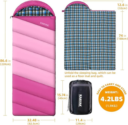 Cotton Flannel Lined Sleeping Bag for Adults Teens Kids, Cold Weather & Warm, 3 Seasons, Lightweight Compact Camping Essentials Equipment, Hiking, Outdoor, Travel