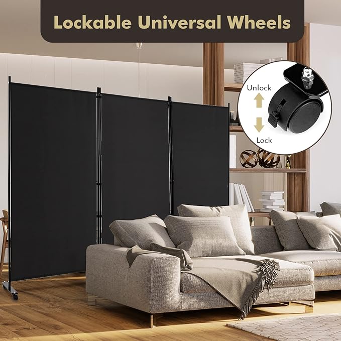 Giantex 3 Panel Room Divider with Wheels, 103''W x 71''H Folding Privacy Screen, Rolling Partition Room Dividers for Home Office Studio, Freestanding Fabric Wall Divider for Room Separation, Black