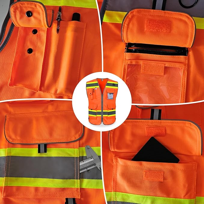 TCCFCCT Safety Vest for Men Women 9 Pockets High Visibility Vest with Fluorescent Yellow Extend Edge, Reflective Work Vest for Surveyor, Durable & Breathable, Meets ANSI/ISEA, (DB-Orange, Large)