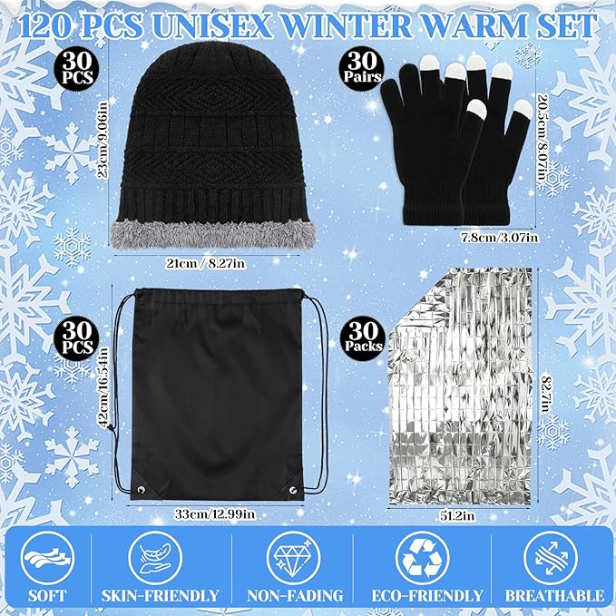 Geyoga 120 Pcs Charity Donation Homeless Care Supplies Bulk Winter Beanie Emergency Blanket Touchscreen Glove Drawstring Bags