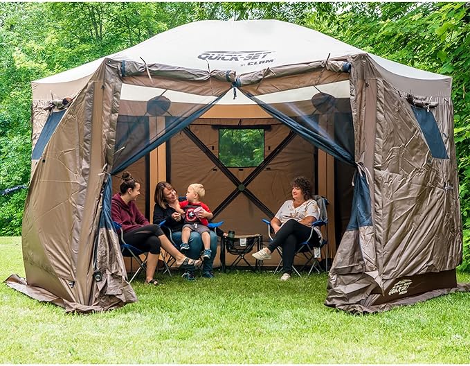 CLAM Pop Up Screen Tent, Large Outdoor Camping Gazebo Canopy, Pavilion, 12.5', Brown - Foldable and Portable Screened Shelter with Netting for Beach, Patio, and Backyard