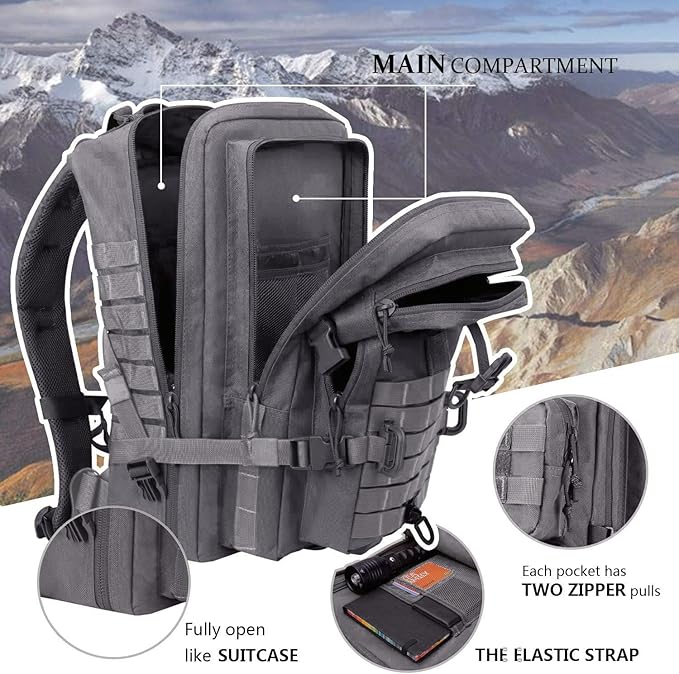 MOLLE Assault Backpack, Tactical Backpack Military Army Camping Rucksack, 3-Day Pack Trip w/USA Flag Patch, D-Rings, Grey