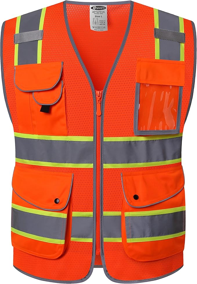 JKSafety 9 Pockets Hi-Vis Reflective Safety Vest | Mesh Fabric | Fluorescent Orange Color with Neon Yellow Extended Trims | ANSI/ISEA Compliance (100-Orange, XXL)
