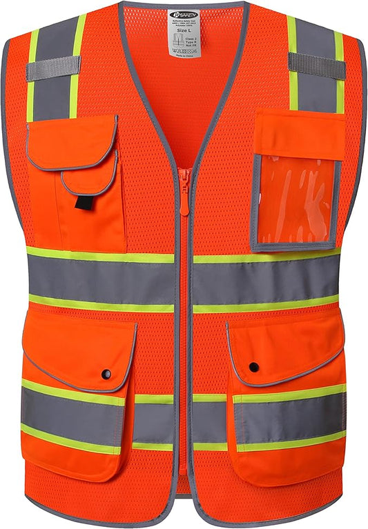 JKSafety 9 Pockets Hi-Vis Reflective Safety Vest | Mesh Fabric | Fluorescent Orange Color with Neon Yellow Extended Trims | ANSI/ISEA Compliance (100-Orange, XXL)