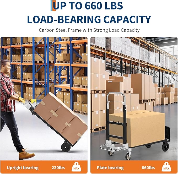 2 in 1 Convertible Hand Truck Dolly, 660 LBS Load Capacity Folding Cart with Wheels, Elastic Straps, Carbon Steel Collapsible Dolly Cart for Home, Warehouse, Supermarket, Office