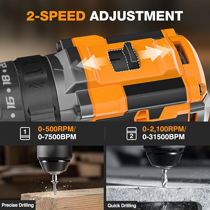 Alloyman 20V MAX Cordless Hammer Drill, Max 620 In-lbs, 31500BPM, Brushless Motor, 1/2" Keyless Metal Chuck, 20+3 Torque Settings, Impact Drill Kit for Drilling Brick Wall, Metal