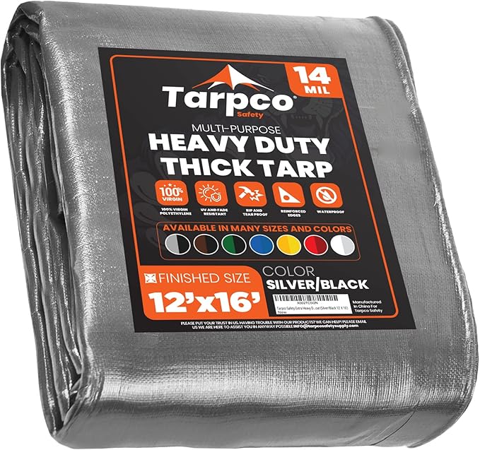 Tarpco Safety Extra Heavy Duty 14 Mil Tarp Cover, Waterproof, UV Resistant, Rip and Tear Proof, Poly Tarpaulin with Reinforced Edges for Roof, Camping, Patio, Pool, Boat (Silver/Black 12′ X 16′)