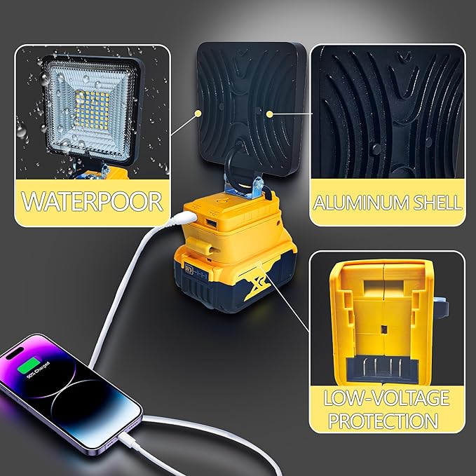 Cordless LED Work Light for Dewalt 20/18v Battery, 30W 3000Lumens Flood Lights Outdoor for Dewalt 20V Battery, Underhood Work Light with Two USB Charging Port for Emergency, Workshop, Garage