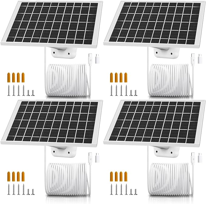 4 Pack 5V 7W Cam Solar Panel Charger for USB type C Outdoo security Camera Compatible Arlo Essential 2K 2nd Gen, Arlo Essential XL 2nd Gen, Roku Battery Camera & Roku Battery Cam Plus & More USB C Cam