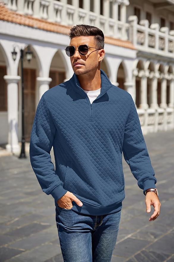 COOFANDY Mens Quarter Zip Pullover Quilted Sweatshirt Knit Long Sleeve Mock Neck Sweater Polo with Pocket
