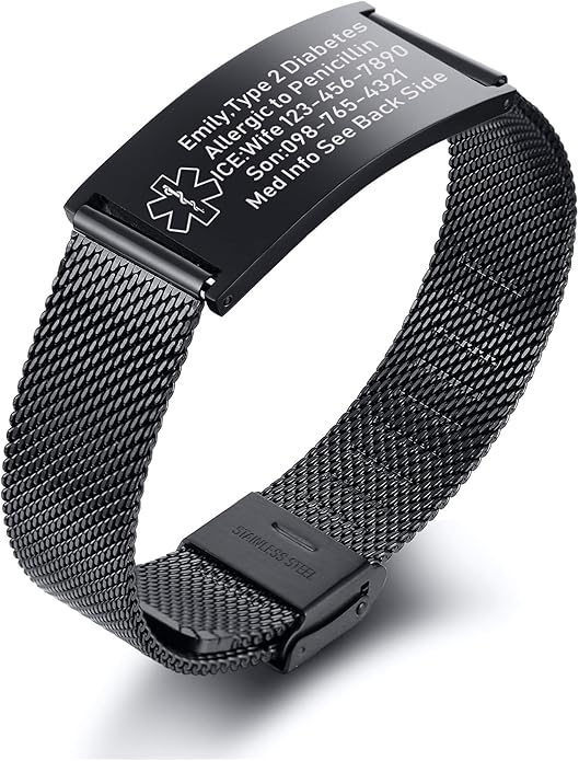 VNOX Medical Alert Bracelets for Men & Women Kids with Free Engraving Adjustable Stainless Steel Mesh Emergency Medical ID Bracelets Wristband