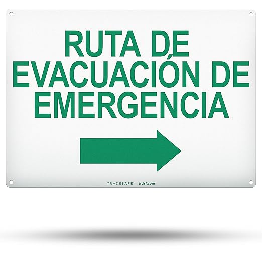 TRADESAFE Emergency Evacuation Route Arrow Right Sign – Ruta De Evacuación De Emergencia Spanish Sign, Quick Install, Light Reflective, UV-Resistant, Waterproof, 14” X 10” Aluminum Safety Signs