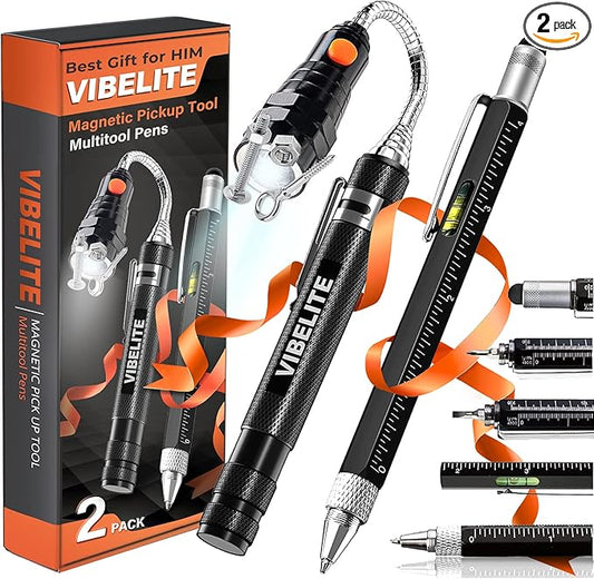Magnetic Pickup Tool and 6 in 1 Multitool Pen with Touch Screen Stylus, Rulers, Bubble Level, Flathead, Phillips Screwdriver, Ballpoint Pen, Christmas Gifts Stocking Stuffers for Men, Teen Boys, 2Pack