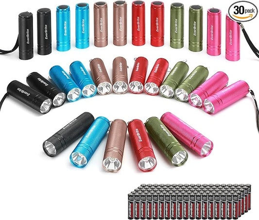 EverBrite 30-Pack Mini Flashlight Set, Aluminum LED Handheld Torches with Lanyard, Assorted Colors, 90xAAA Batteries Included for Emergency, Night Reading, Camping, Power Outage, Bulk Holiday Gifts
